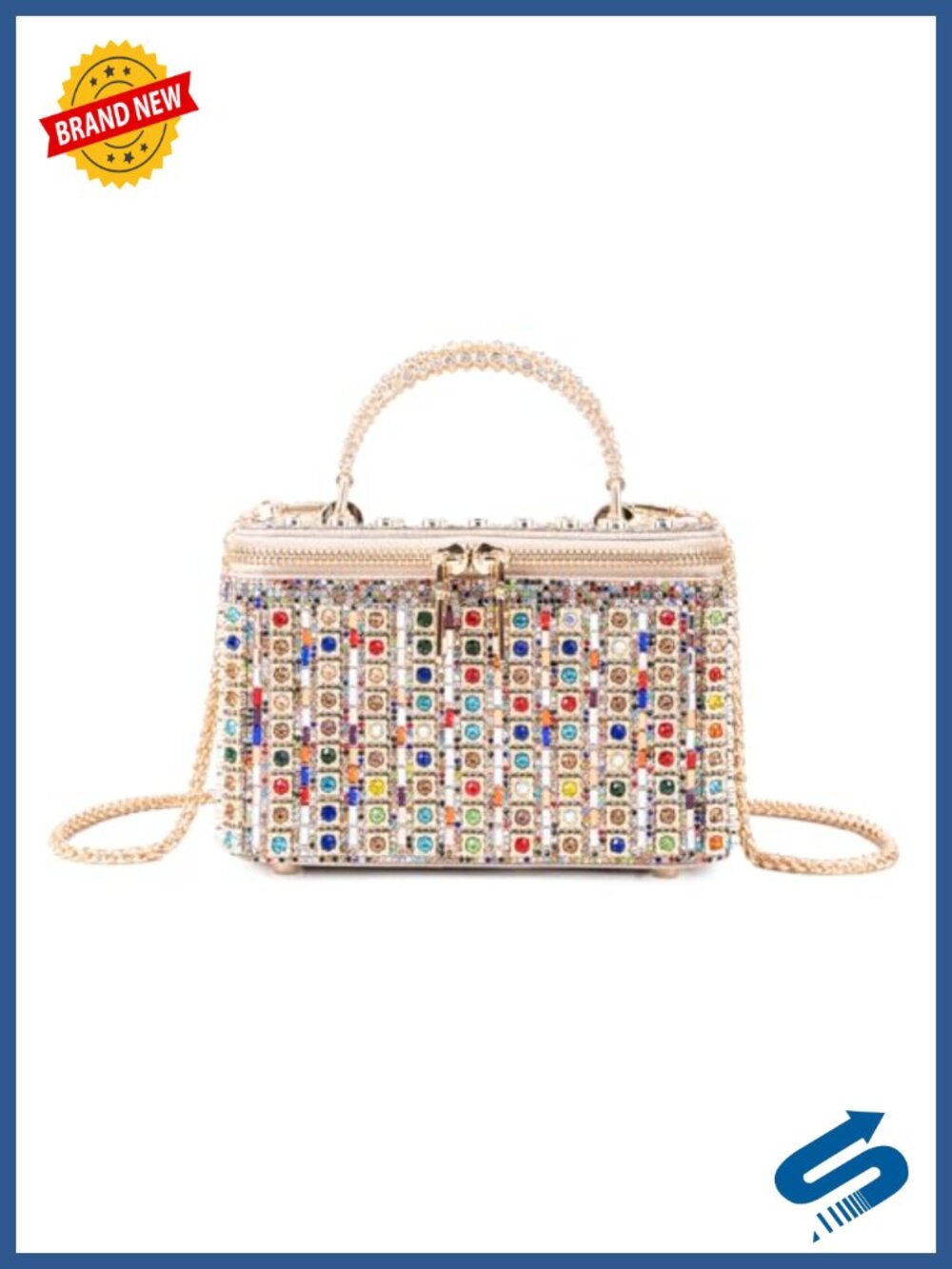 Rhinestone Box Evening Clutch Crossbody with Detachable Chain